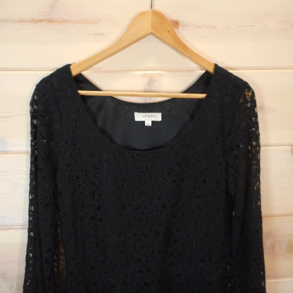 Umgee Women's L Lace Overlay Tunic Dress Black Long Bell Sleeves Short Party - Picture 2 of 10